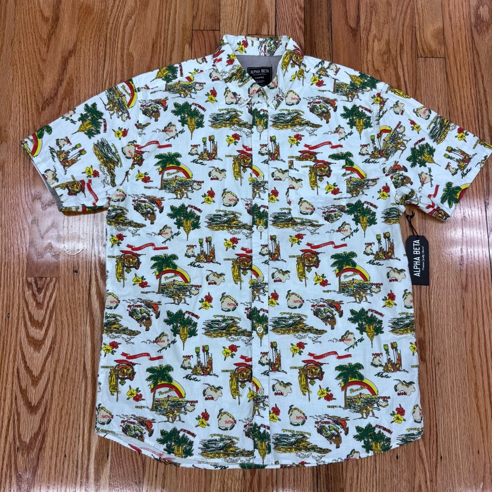 NWT Alpha Beta Men's Graphic Hawaiian Print Button Down Shirt Vacation Resort